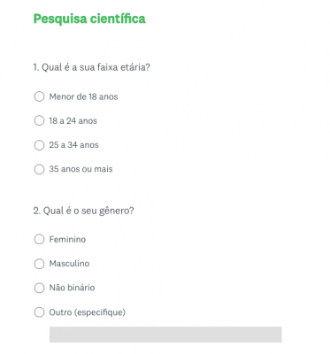 Exemplo de questionário com perguntas de perfil demográfico