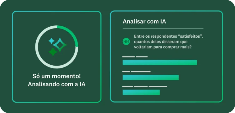 Imagem mostrando um ícone circular animado de carregamento enquanto a análise de IA ocorre, com uma instrução perguntando para a IA algo sobre os respondentes da pesquisa.