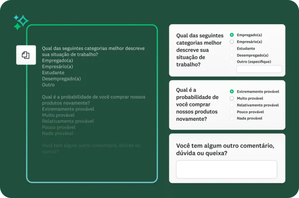 Tela mostrando um bloco de perguntas brutas coladas no lado esquerdo e a plataforma formatando-as automaticamente em uma pesquisa interativa à direita.