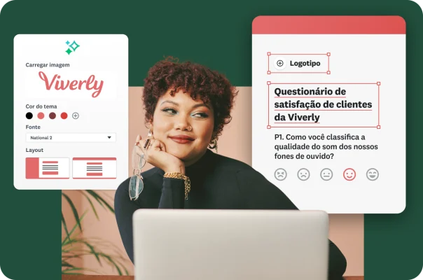 Mulher sorrindo e olhando para o laptop com imagens sobrepostas mostrando opções de estilo de uma pesquisa, como carregar um logotipo e selecionar uma cor de tema, enquanto edita o questionário de satisfação de clientes da Viverly.