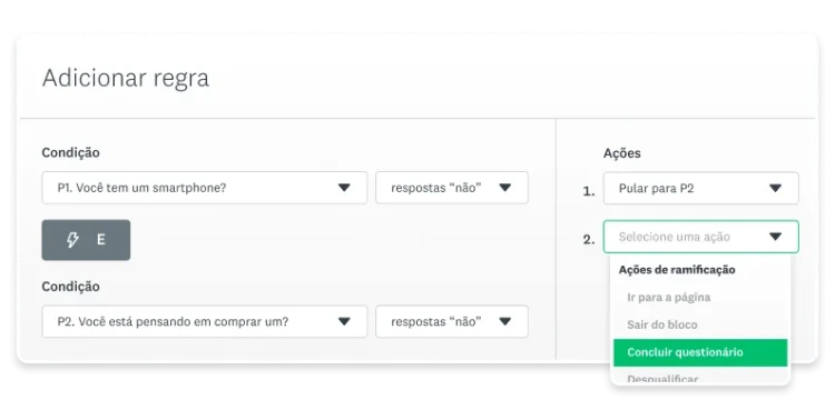Imagem do recurso “Adicionar regra” da SurveyMonkey.