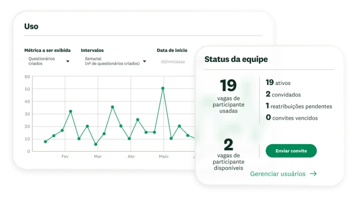 Gráfico intitulado “Uso de questionários pela equipe com o tempo” ao lado de uma tabela com o status da equipe, com 19 vagas de participante usadas e 2 disponíveis.