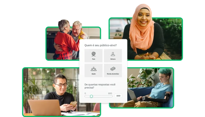 Quatro fotos separadas de pessoas diferentes com uma imagem da ferramenta de seleção de perfil demográfico do painel do SurveyMonkey Audience.