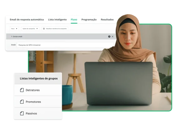 Mulher trabalhando no computador ao lado de imagens de listas inteligentes de grupo para o envio de uma pesquisa.