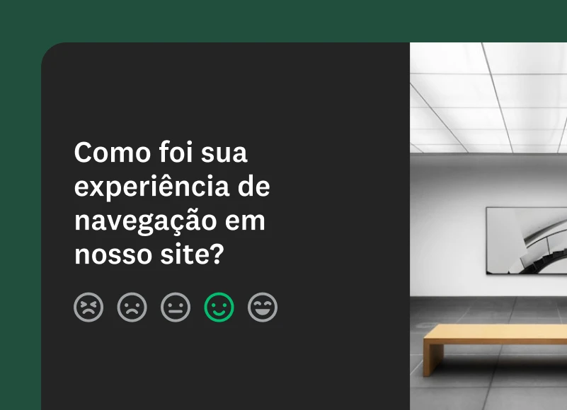 Questionário com a pergunta “Como foi sua experiência de navegação em nosso site?” e uma escala de cinco carinhas de emoji indicando diferentes níveis de satisfação e insatisfação.