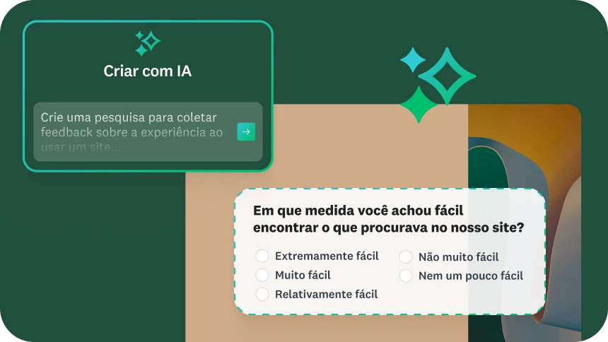 Uma tela da interface do usuário com o título “Criar com IA”. Um exemplo de instrução diz “crie uma pesquisa para coletar feedback sobre a experiência ao usar um site”. E uma pergunta de exemplo diz “em que medida você achou fácil encontrar o que procurava no nosso site?” com uma lista de respostas.