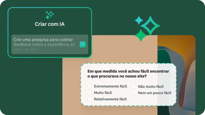 Instrução no Criar com IA que diz para criar um questionário para obter feedback sobre a experiência de um usuário usando um site, ao lado de um questionário perguntando se foi fácil encontrar o que a pessoa procurava no site.