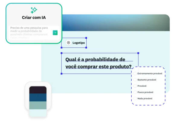 Instrução do Criar com IA dizendo “Preciso de uma pesquisa para medir a probabilidade de possíveis clientes comprarem nosso produto”, ao lado de uma pesquisa perguntando qual seria a probabilidade de você comprar esse produto.