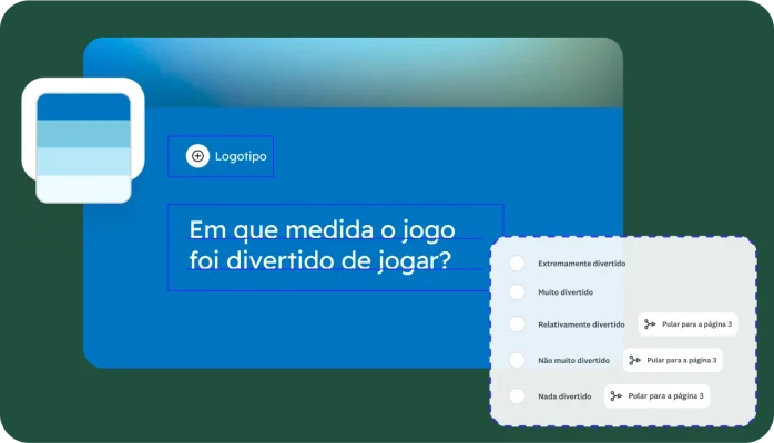Tela de criação de questionário mostrando as opções de personalização com lógica de ramificação e a possibilidade de pular para diferentes perguntas de acordo com a resposta escolhida.