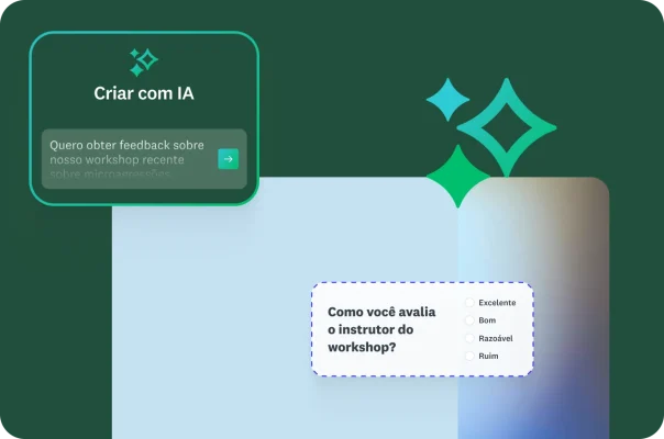 Uma instrução para o Criar com IA que diz “quero obter feedback sobre nosso último workshop sobre microagressões”, ao lado da pergunta “como você avalia o instrutor do workshop”.