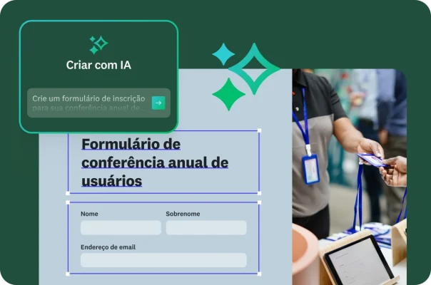 Pessoa preenchendo um formulário de conferência anual de usuários com um pop-up mostrando uma instrução para a IA.
