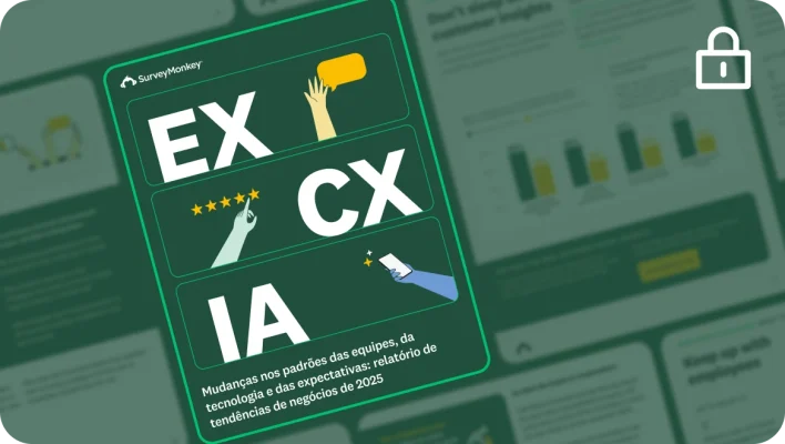 Imagem com o resumo de um relatório de tendências de negócios. Em letras grandes: “EX”, “CX” e “IA”, com ilustrações menores. Ao redor do gráfico principal há trechos de outras páginas do relatório com gráficos e texto.
