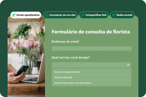 Modelo de formulário de consulta de florista com diferentes opções de compartilhamento (por email, incorporação em site, por link e pelas redes sociais).