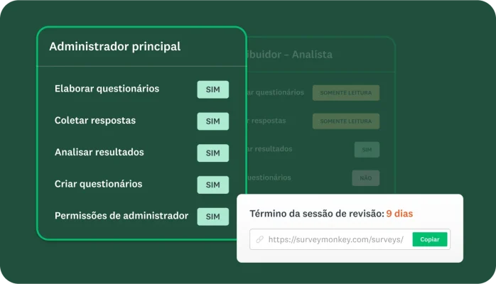 Imagem de ferramentas de administrador de equipe na SurveyMonkey indicando que o administrador principal pode realizar determinadas ações e que a sessão de revisão do questionário termina em nove dias.