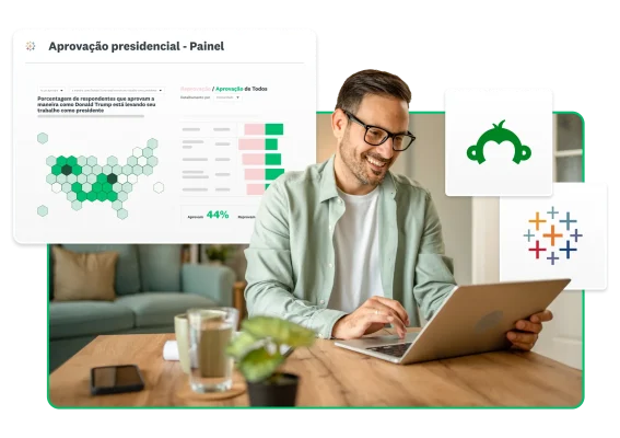 Homem sorrindo olhando para computador ao lado de ícones da SurveyMonkey e do Tableau e uma imagem de um painel sobre aprovação presidencial criado no Tableau.