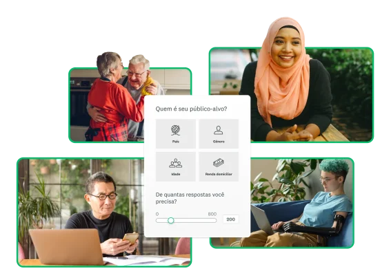 Quatro fotos separadas de pessoas diferentes com uma imagem da ferramenta de seleção de perfil demográfico do painel do SurveyMonkey Audience.