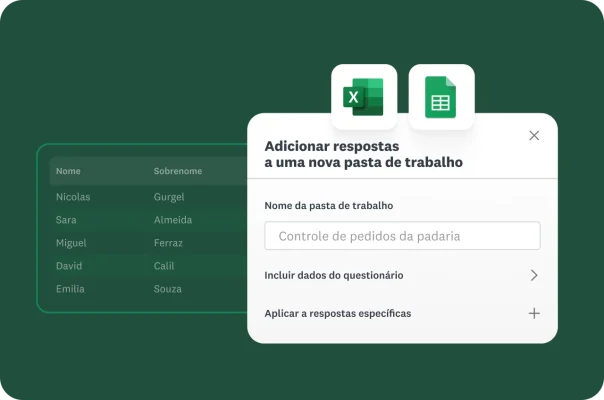 Imagem da interface de exportação de dados com os logotipos do Excel e do Planilhas Google.