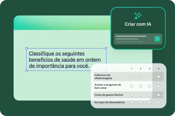 Formulário com a pergunta “Classifique os seguintes benefícios de saúde em ordem de importância para você.” e as opções de resposta “Cobertura de oftalmologista”, “Acesso a programa de bem-estar”, “Conta de gastos flexível” e “Serviços de telemedicina”. O recurso Criar com IA é exibido no canto superior direito.