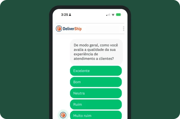 Celular mostrando uma pesquisa perguntando como você avaliaria a qualidade da experiência com seu atendimento a clientes.