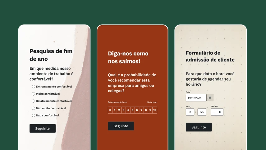 Imagens de três pesquisas diferentes em dispositivos móveis.