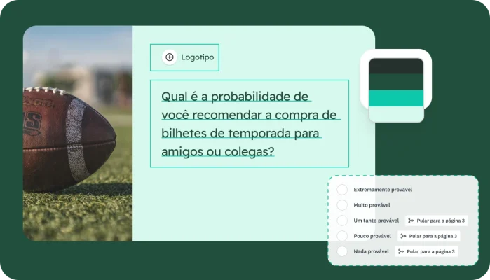 Tela de criação de questionário mostrando as opções de personalização com lógica de ramificação e a possibilidade de pular para diferentes perguntas de acordo com a resposta escolhida.