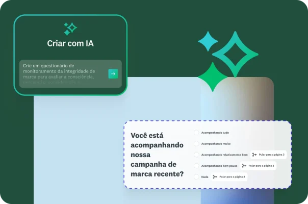 Instrução do recurso Criar com IA “Criar um questionário de monitoramento de integridade da marca…”, ao lado da pergunta de questionário “Você está acompanhando a campanha recente da nossa marca?”.