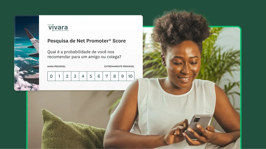 Mulher no telefone ao lado da imagem de uma pesquisa de NPS.