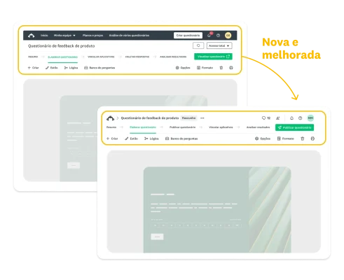 Duas imagens da tela da SurveyMonkey mostrando as melhorias da navegação antiga para a nova.