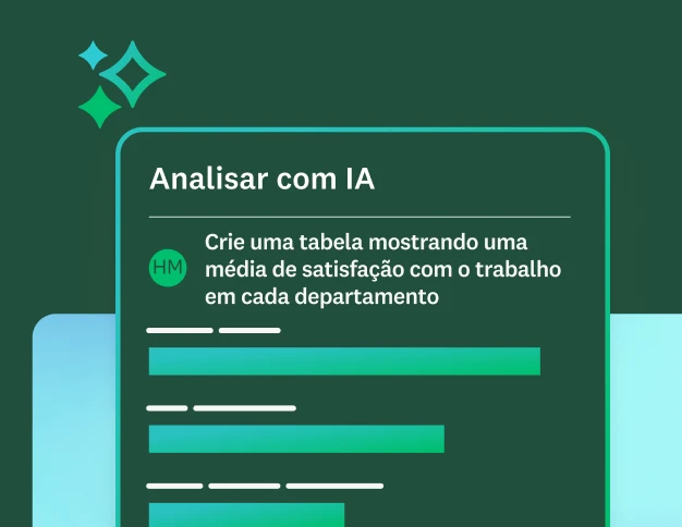 Instrução para o Analisar com IA: “faça uma tabela mostrando a média de satisfação no trabalho para cada departamento” com uma visualização dos resultados em um gráfico de barras.