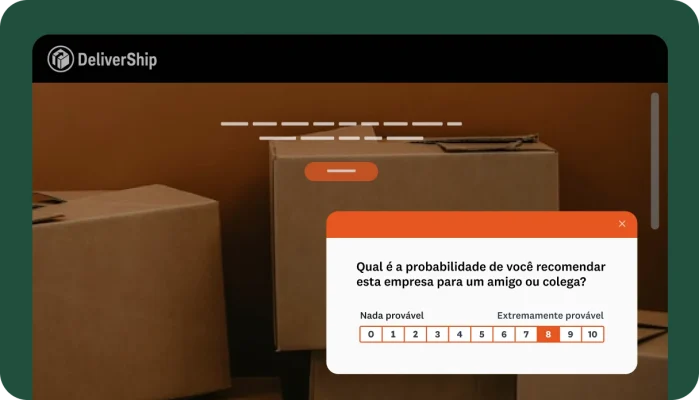 Imagem de um site com caixas de papelão no fundo e uma pesquisa em pop-up sobre se o usuário recomendaria a DeliverShip.