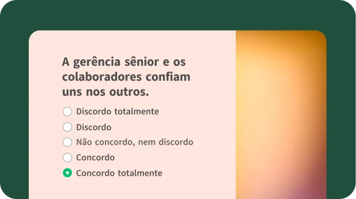 Modelo de perguntas da pesquisa de envolvimento de colaboradores para medir a confiança no ambiente de trabalho entre a alta liderança e os colaboradores.