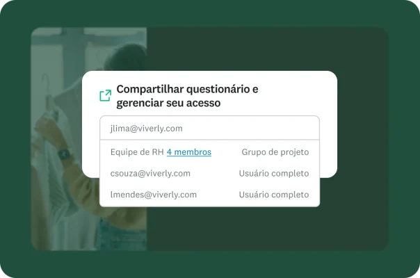 Imagem da tela intitulada “Compartilhar questionário e gerenciar seu acesso” com menu suspenso.