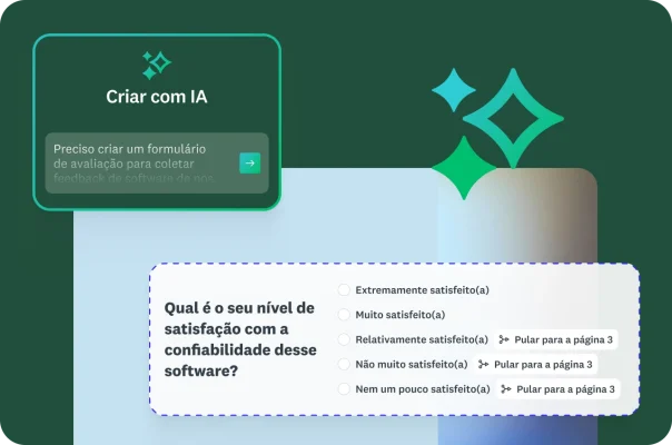 Pergunta de questionário “Qual é o seu nível de satisfação com a confiabilidade desse software?” com lógica de ramificação condicional e uma instrução de IA.
