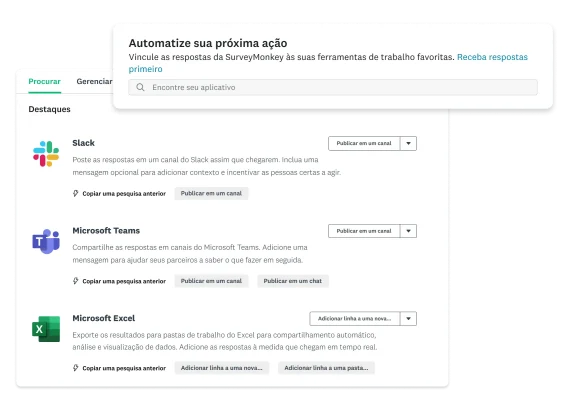 Imagens dos aplicativos do Slack, do Microsoft Teams e do Excel na SurveyMonkey.