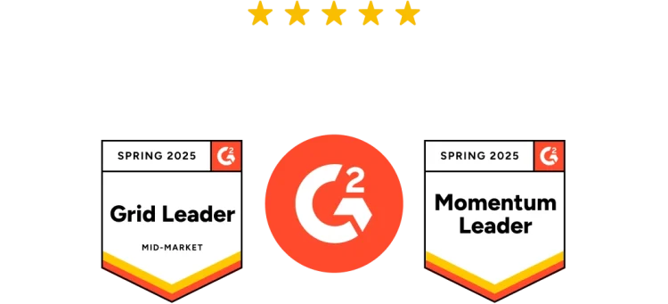 Mais de 14.000 avaliações de 5 estrelas no G2.com e medalhas mostrando que a SurveyMonkey foi considerada uma marca líder no site em 2025