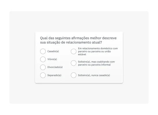 Imagem da pergunta de perfil demográfico “Qual das seguintes afirmações melhor descreve sua situação de relacionamento atual?” com sete opções de resposta.