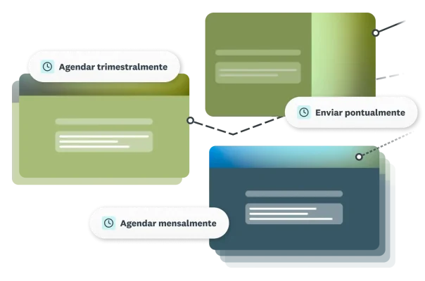 Linhas conectando questionários, com opções de agendamento trimestral ou mensal, ou envio único