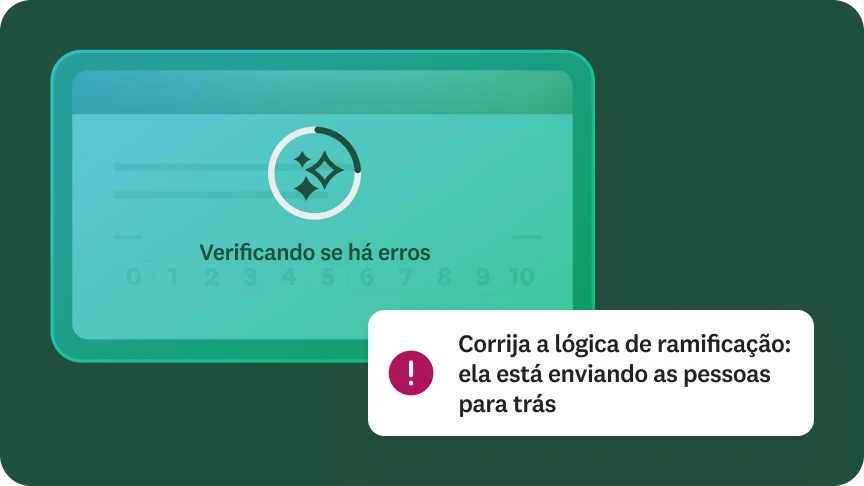 Imagem de uma ferramenta digital procurando erros em um questionário. Uma mensagem de erro pop-up informando “corrija a lógica de ramificação: ela está enviando as pessoas para trás”.