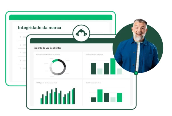 Homem surpreso ao lado de imagem de tela da SurveyMonkey com dados analíticos de voz de cliente