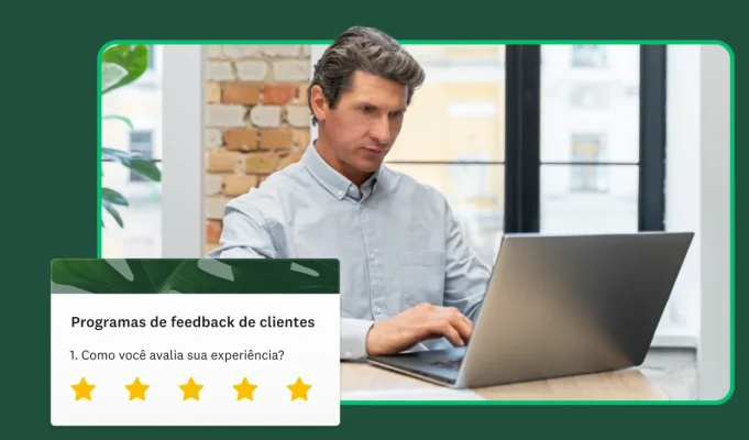 Homem no computador com imagem de uma pesquisa de feedback dos clientes ao lado.