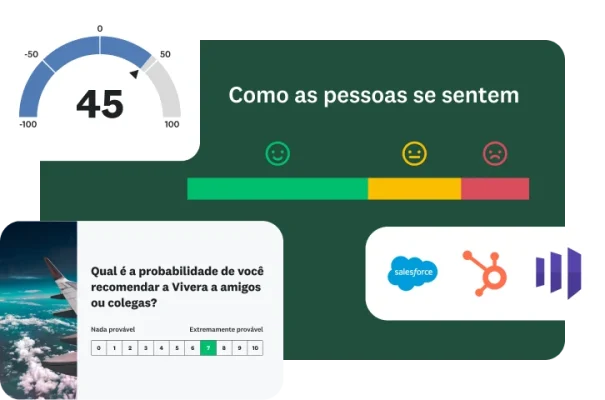 Pergunta sobre a probabilidade de você recomendar a Vivera a amigos ou colegas, ao lado de um gráfico de barras mostrando as opiniões do público e um NPS de 45.
