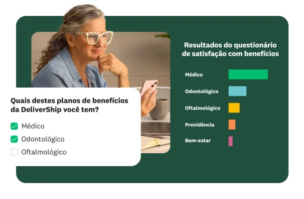 Mulher olhando para o celular. Sobreposição com a pergunta de questionário “Quais destes planos de benefícios da DeliverShip você tem?” À direita, um gráfico de barras intitulado “Resultados do questionário de satisfação com benefícios” com as opções “Médico”, “Odontológico”, “Oftalmológico”, “Previdência” e “Bem-estar”.