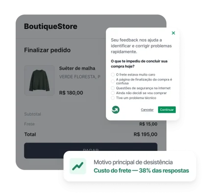 Pesquisa de abandono de carrinho do GetFeedback sobre uma página de finalização de compra destacando o preço do frete como o principal motivo de desistência em 38%.