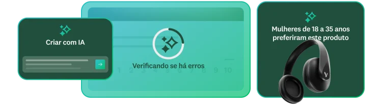 Instrução da solução Criar com IA ao lado de um texto dizendo “verificando se há erros” e um insight dizendo que “mulheres de 18 a 35 anos preferiram este produto”.