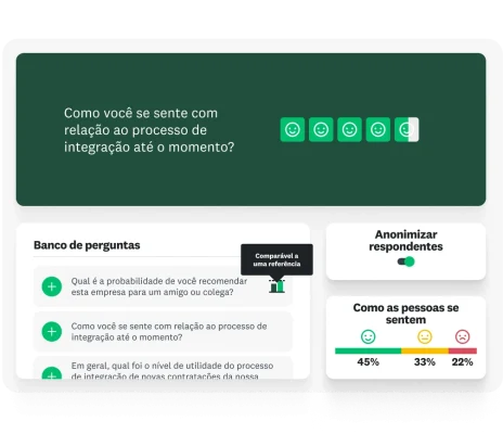 Pesquisa perguntando como você está se sentindo com relação ao processo de integração até o momento, com um banco de perguntas ao lado que sugere perguntas relacionadas, além do recurso de respondentes anônimos ativado.