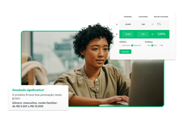 Mulher digitando no computador ao lado de captura de tela com calculadora de margem de erro e insights