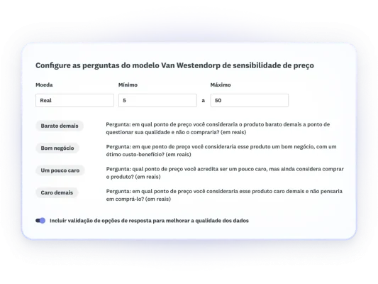 Captura de tela das perguntas de Van Westendorp