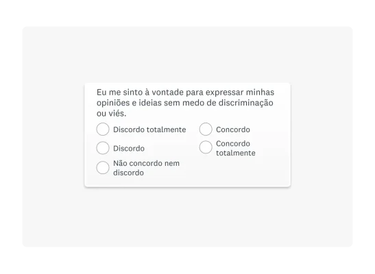 Imagem da afirmação “Eu me sinto à vontade para expressar minhas opiniões e ideias sem medo de discriminação ou viés.” com as opções de resposta “Concordo totalmente”, “Concordo”, “Discordo”, “Discordo totalmente” e “Não concordo nem discordo”.
