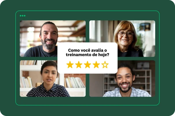 Quatro pessoas em reunião virtual com a pergunta de avaliação com estrelas “Como você avaliaria o treinamento de hoje?”.