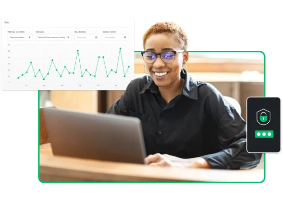 Mulher sorrindo com óculos ao lado de uma imagem da SurveyMonkey de um painel mostrando métricas de uso da pesquisa.